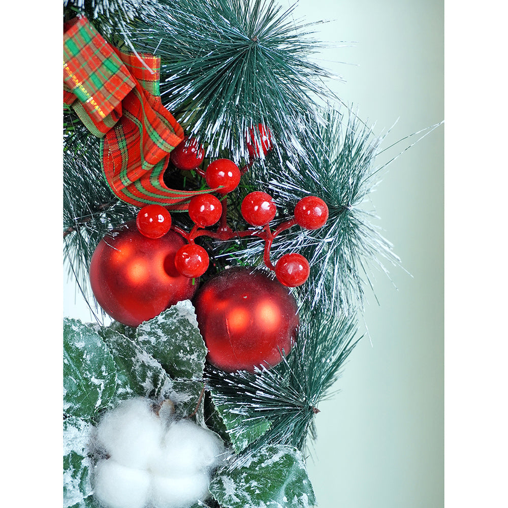 15 inches Checkered Bow Cotton buds and bushy Florals artificial christmas Wreath & Christmas door Décor