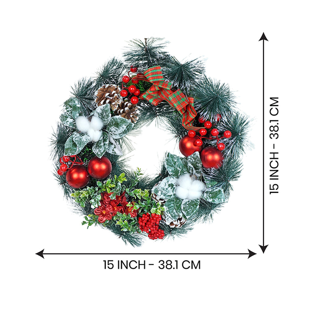 15 inches Checkered Bow Cotton buds and bushy Florals artificial christmas Wreath & Christmas door Décor