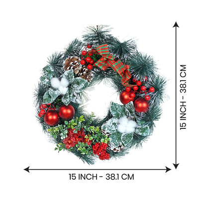 15 inches Checkered Bow Cotton buds and bushy Florals artificial christmas Wreath & Christmas door Décor