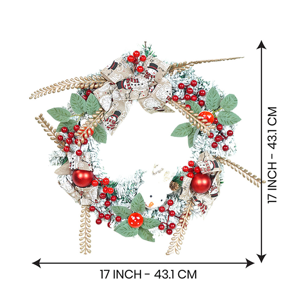 17 inches White Bushy Christmas Wreath with Snowman Berries & Jute accents Christmas Wall and Door Décor