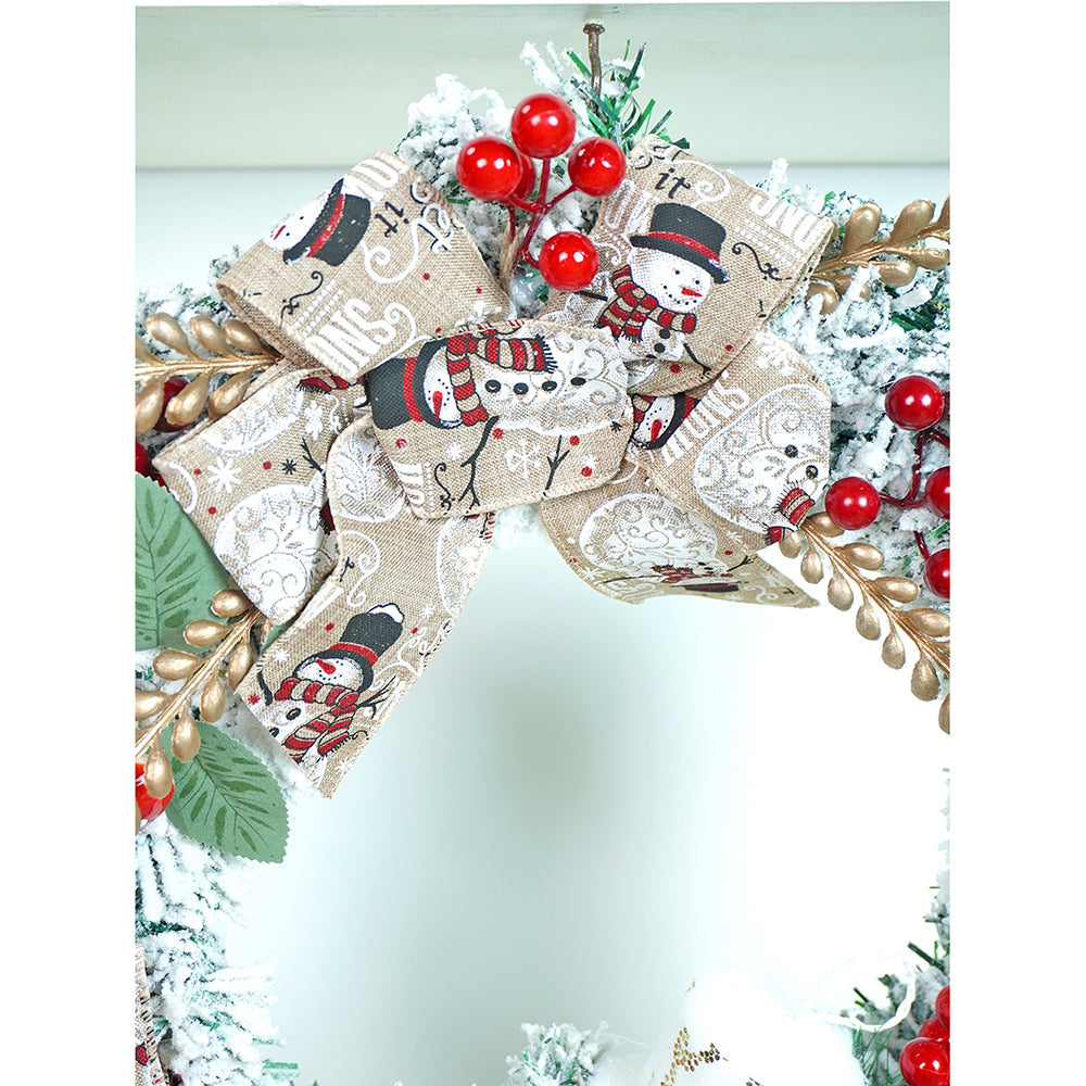 17 inches White Bushy Christmas Wreath with Snowman Berries & Jute accents Christmas Wall and Door Décor