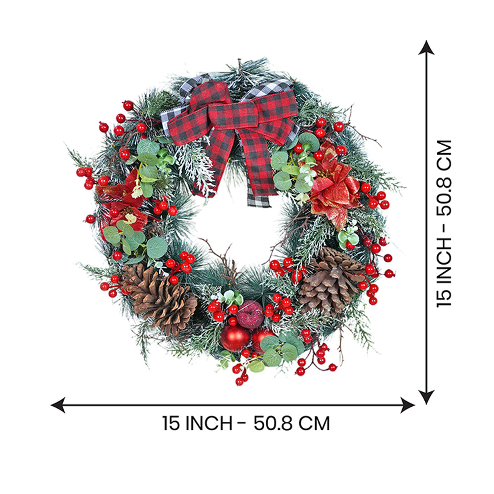 20 inches Big Red & Black Checkered Bow Bushy Christmas wreath filled with berries and fillers for christmas Décor