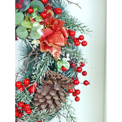 20 inches Big Red & Black Checkered Bow Bushy Christmas wreath filled with berries and fillers for christmas Décor