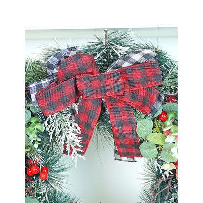 20 inches Big Red & Black Checkered Bow Bushy Christmas wreath filled with berries and fillers for christmas Décor
