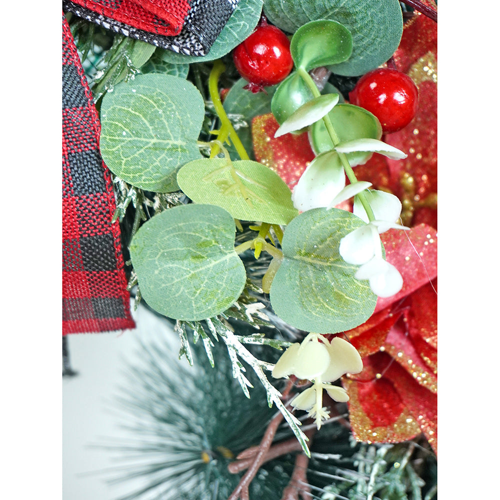 20 inches Big Red & Black Checkered Bow Bushy Christmas wreath filled with berries and fillers for christmas Décor