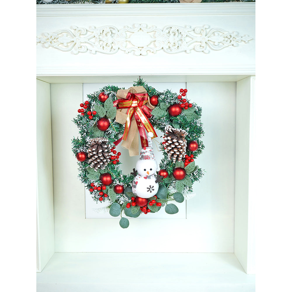 22 inches Bushy Frosty Big Red Gold Bow Snowman with heavy fillers Artificial Christmas wreath for Christmas Décor