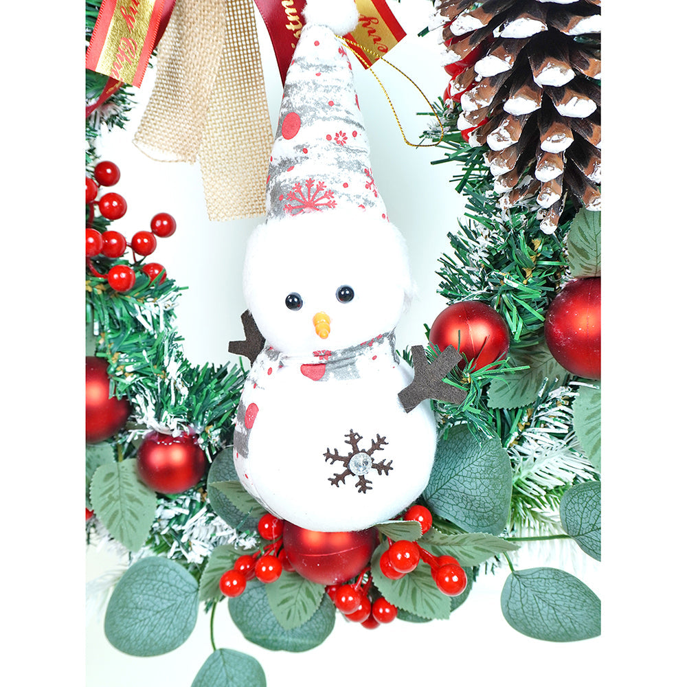 22 inches Bushy Frosty Big Red Gold Bow Snowman with heavy fillers Artificial Christmas wreath for Christmas Décor