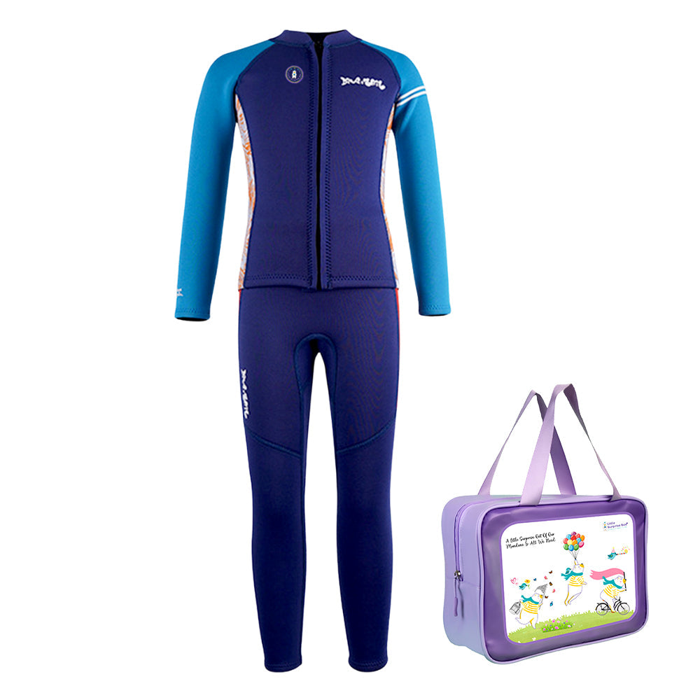 Dive 2-Piece set Navy & Orange Side Panel, Front-Zip Jacket with Full Length Pants, 2.5mm Neoprene Kids Swimsuit with Free Washbag