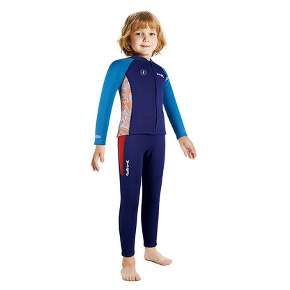 Dive 2-Piece set Navy & Orange Side Panel, Front-Zip Jacket with Full Length Pants, 2.5mm Neoprene Kids Swimsuit with Free Washbag