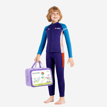 Dive 2-Piece set Navy & Orange Side Panel, Front-Zip Jacket with Full Length Pants, 2.5mm Neoprene Kids Swimsuit with Free Washbag