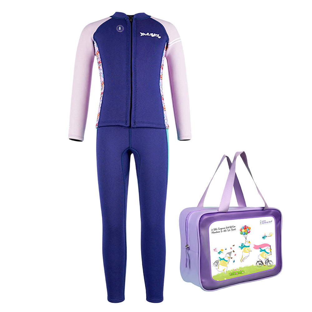 Dive 2-Piece Navy & Purple Front-Zip Jacket with Full Length Pants, 2.5mm Neoprene Kids Swimsuit with Free Washbag