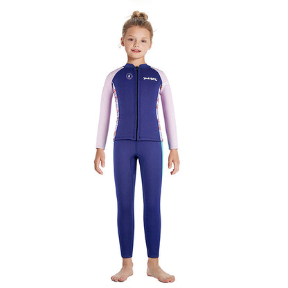 Dive 2-Piece Navy & Purple Front-Zip Jacket with Full Length Pants, 2.5mm Neoprene Kids Swimsuit with Free Washbag