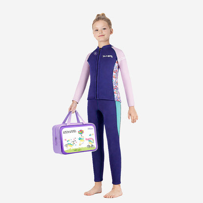 Dive 2-Piece Navy & Purple Front-Zip Jacket with Full Length Pants, 2.5mm Neoprene Kids Swimsuit with Free Washbag