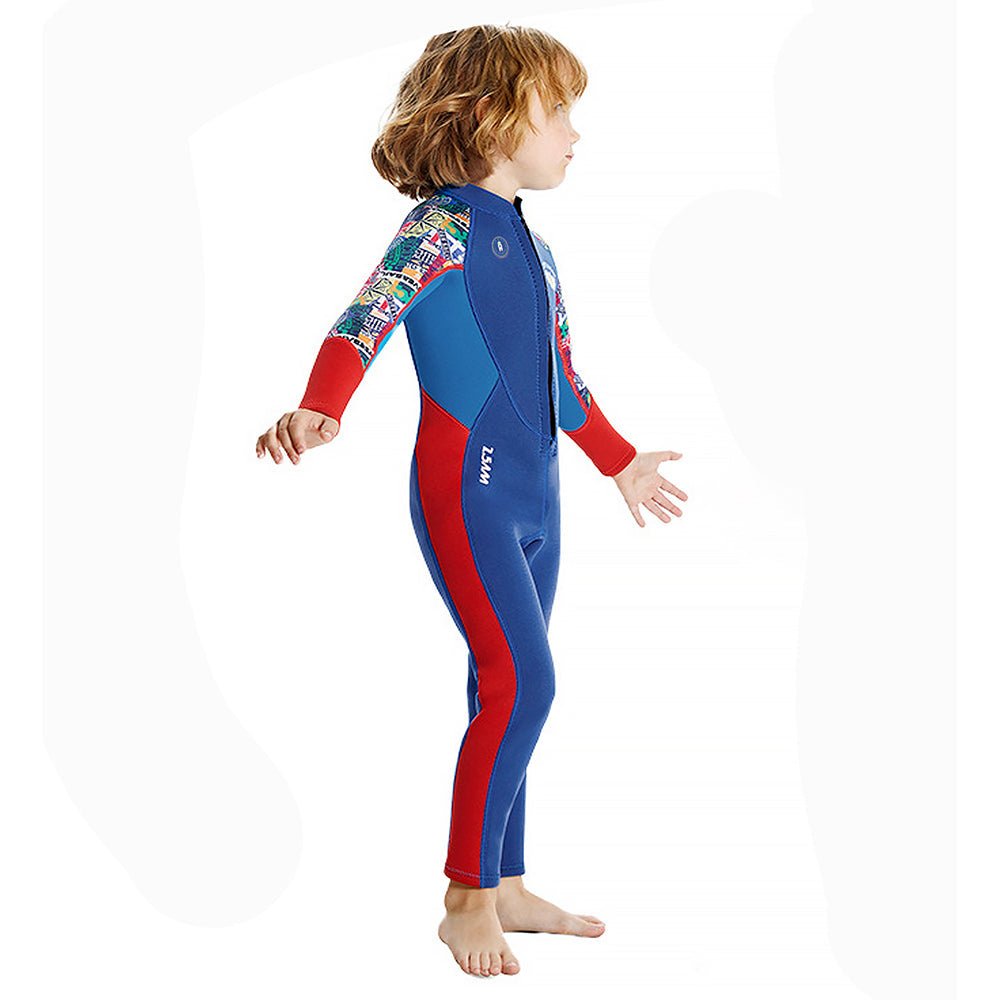Dive Full Length, Cobalt & Red Stamp Printed Full Length 2.5mm Neoprene Kids Swimsuit with Free Washbag