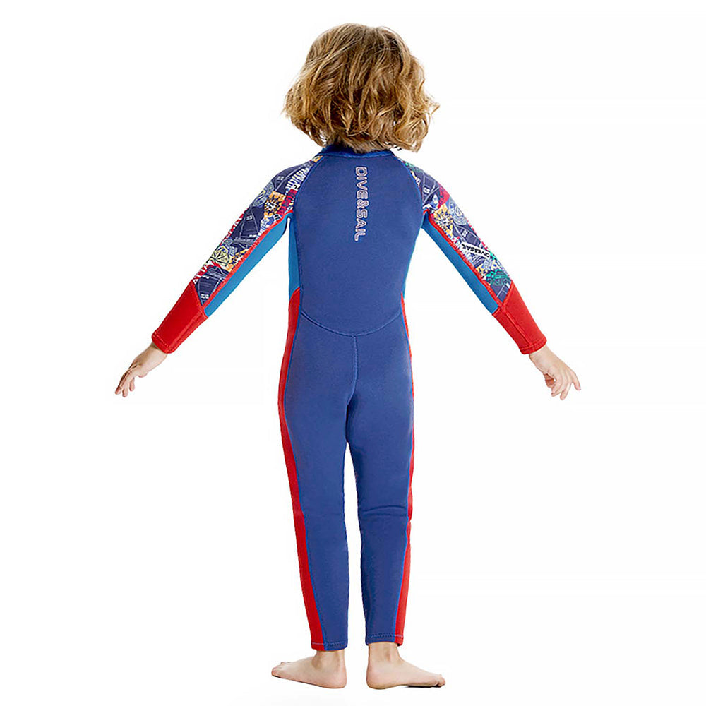 Dive Full Length, Cobalt & Red Stamp Printed Full Length 2.5mm Neoprene Kids Swimsuit with Free Washbag