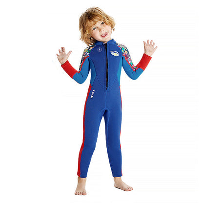 Dive Full Length, Cobalt & Red Stamp Printed Full Length 2.5mm Neoprene Kids Swimsuit with Free Washbag