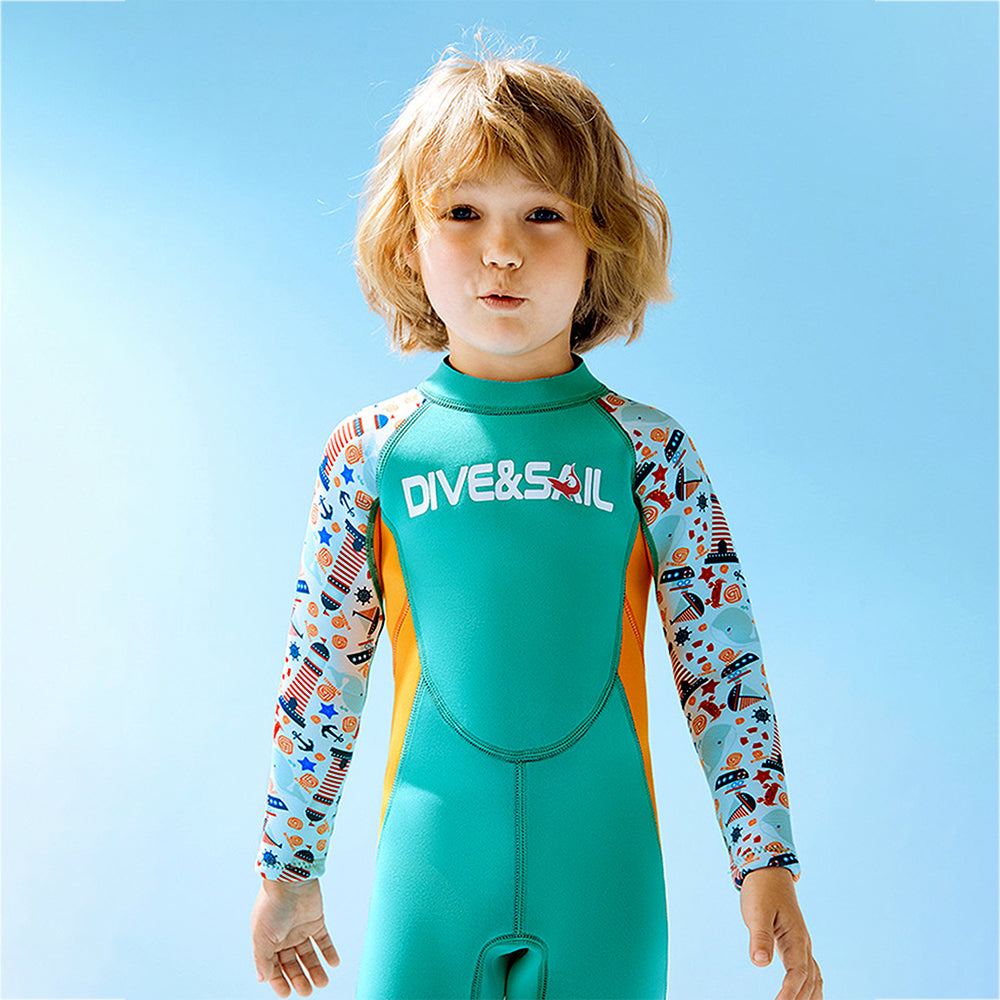 Dive Green Nautical Printed Full Length 2.5mm Neoprene Kids Swimsuit with Free Washbag