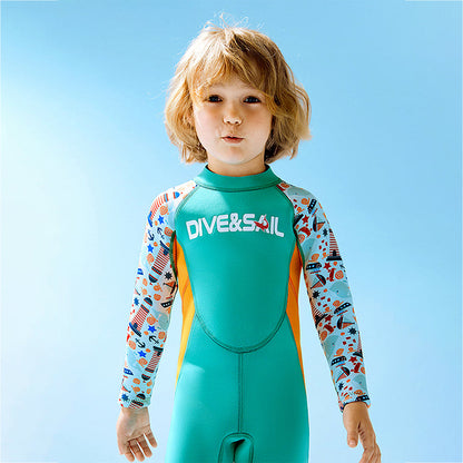 Dive Green Nautical Printed Full Length 2.5mm Neoprene Kids Swimsuit with Free Washbag