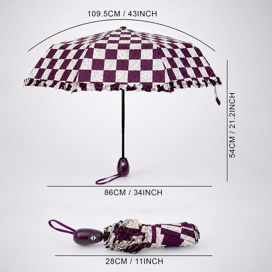 3fold Brown Frills and Checks Printed Umbrella for Teens & Adults