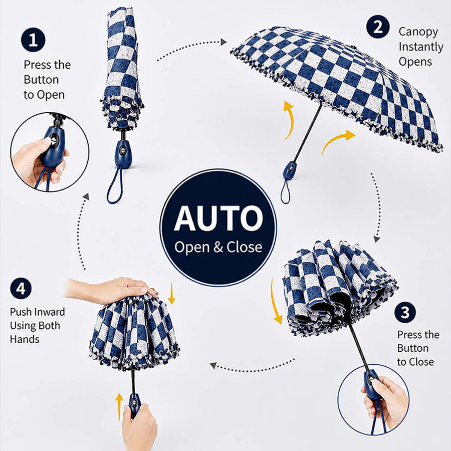 3fold Navy Frills and Checks Printed Umbrella for Teens & Adults