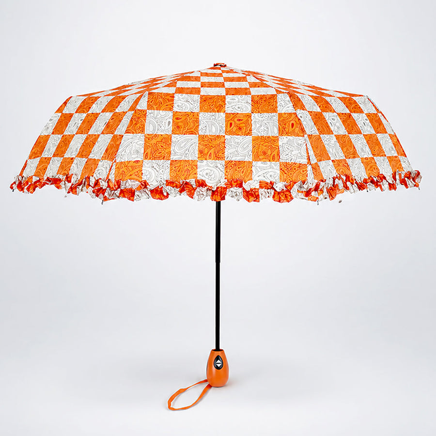 3fold Orange Frills and Checks Printed Umbrella for Teens & Adults