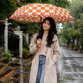 3fold Orange Frills and Checks Printed Umbrella for Teens & Adults
