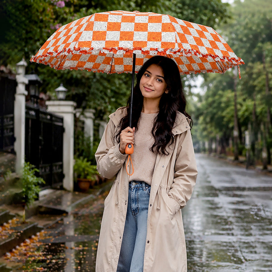 3fold Orange Frills and Checks Printed Umbrella for Teens & Adults