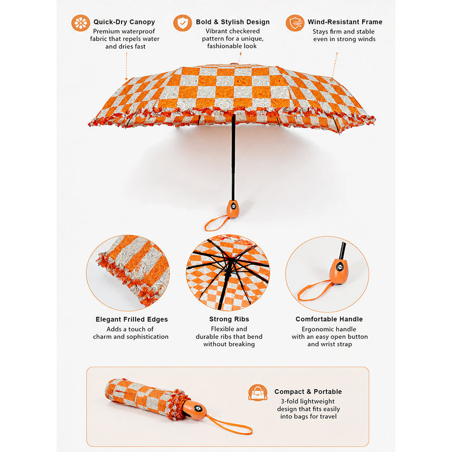 3fold Orange Frills and Checks Printed Umbrella for Teens & Adults