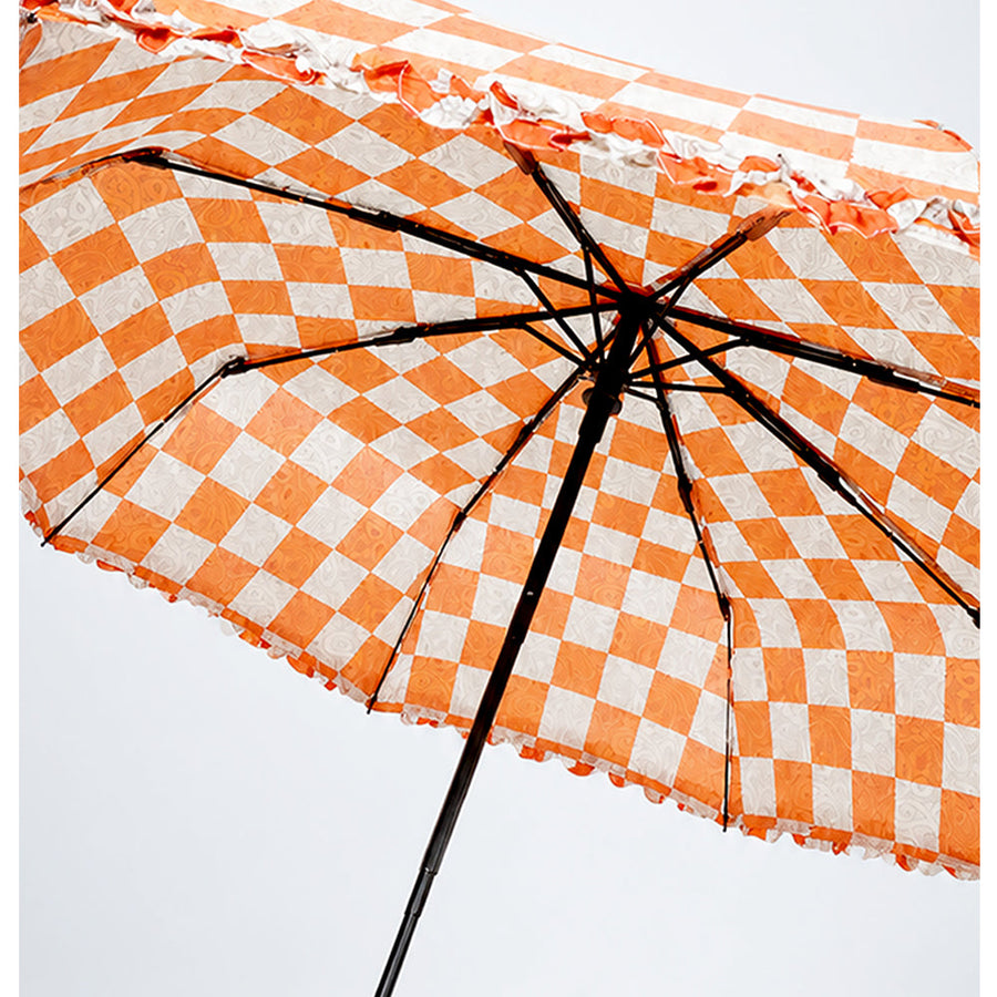 3fold Orange Frills and Checks Printed Umbrella for Teens & Adults