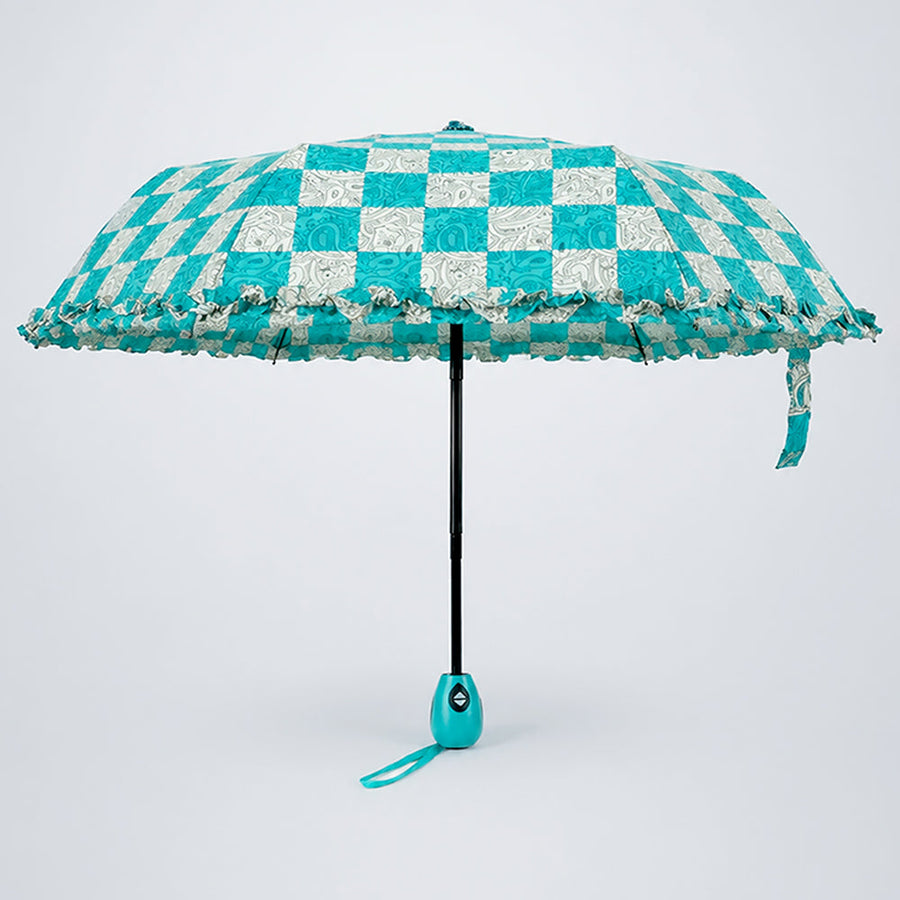 3fold Turquoise Frills and Checks Printed Umbrella for Teens & Adults