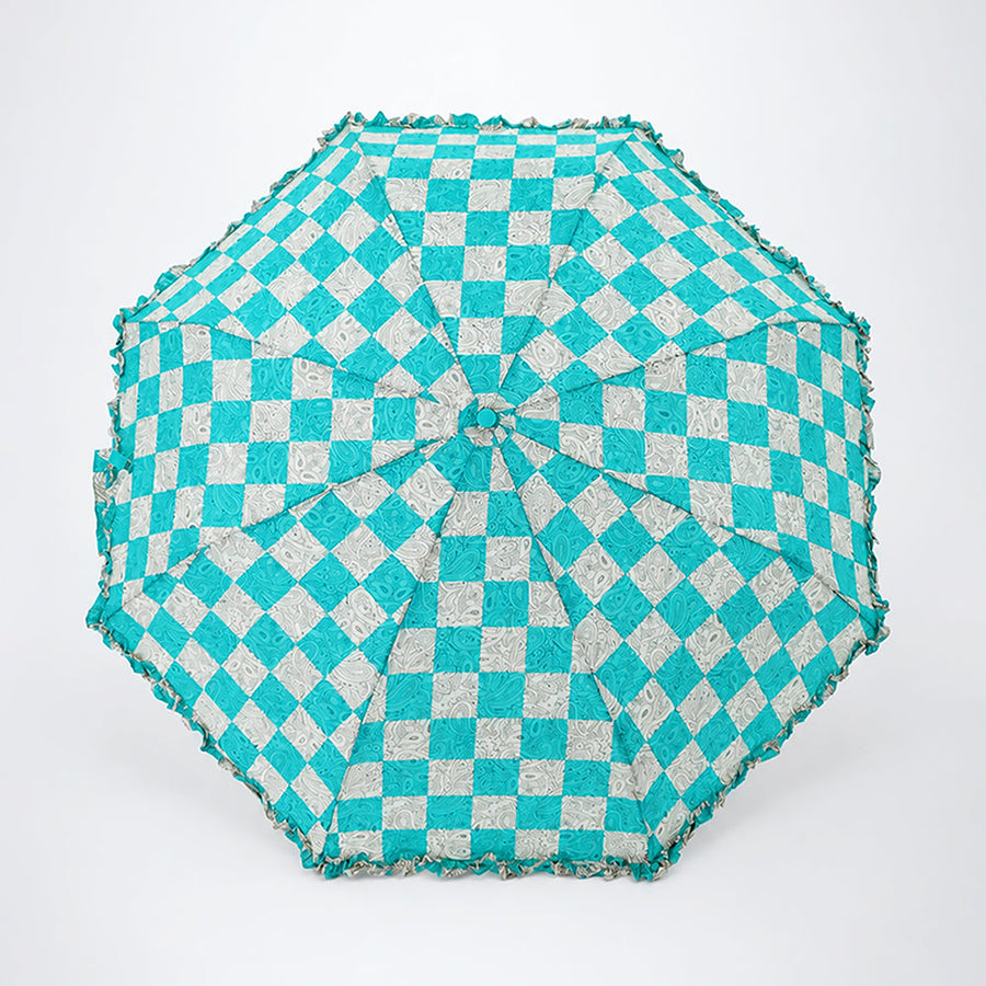 3fold Turquoise Frills and Checks Printed Umbrella for Teens & Adults