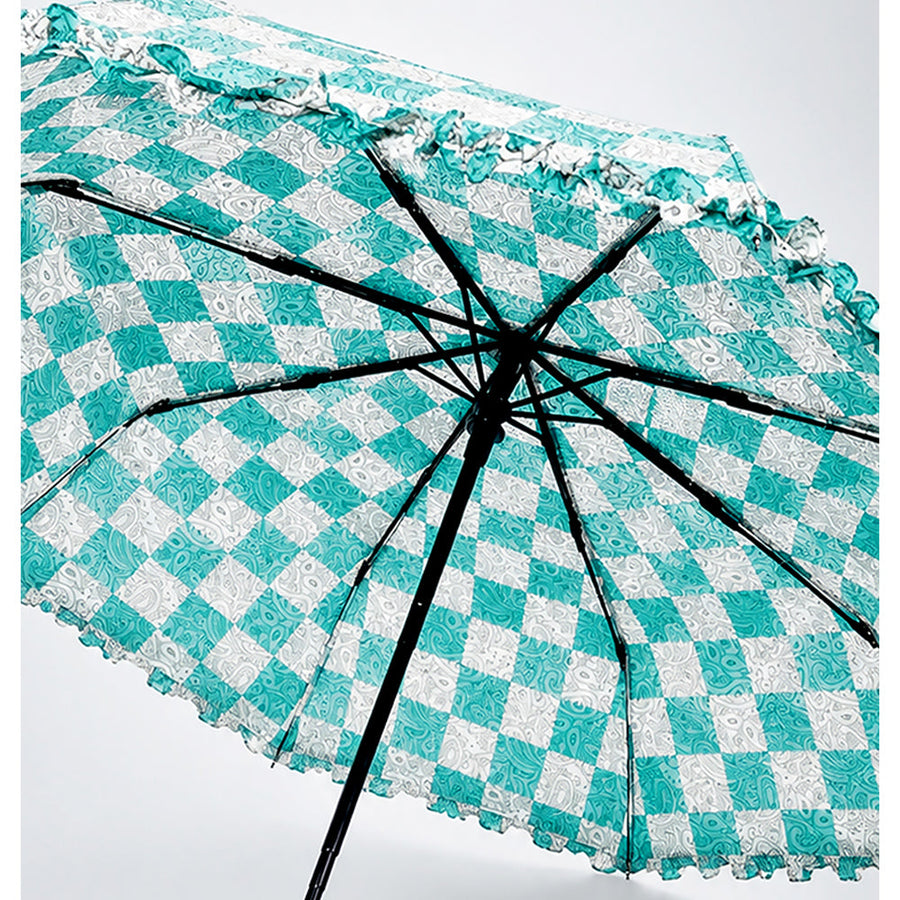 3fold Turquoise Frills and Checks Printed Umbrella for Teens & Adults