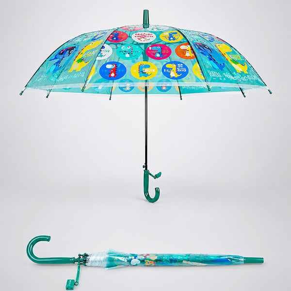 Transparent Dual Dino Panel Green Handle Printed Umbrella for Kids-3-6Y