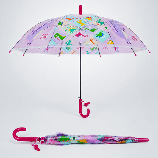 Transparent Dino Panel Pink Handle Printed Umbrella for Kids-3-6Y