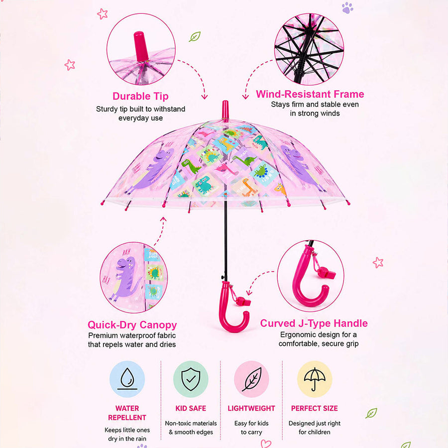Transparent Dino Panel Pink Handle Printed Umbrella for Kids-3-6Y