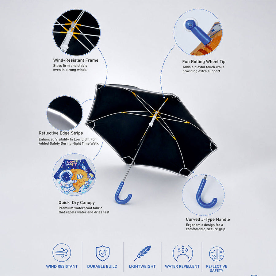 Wheel style Planet Space Astronaut Printed UPF 50+ Kids-Umbrella-5-10Y