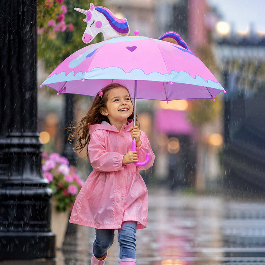 3D Face Pink Unicorn Umbrella for Kids-3-8Y