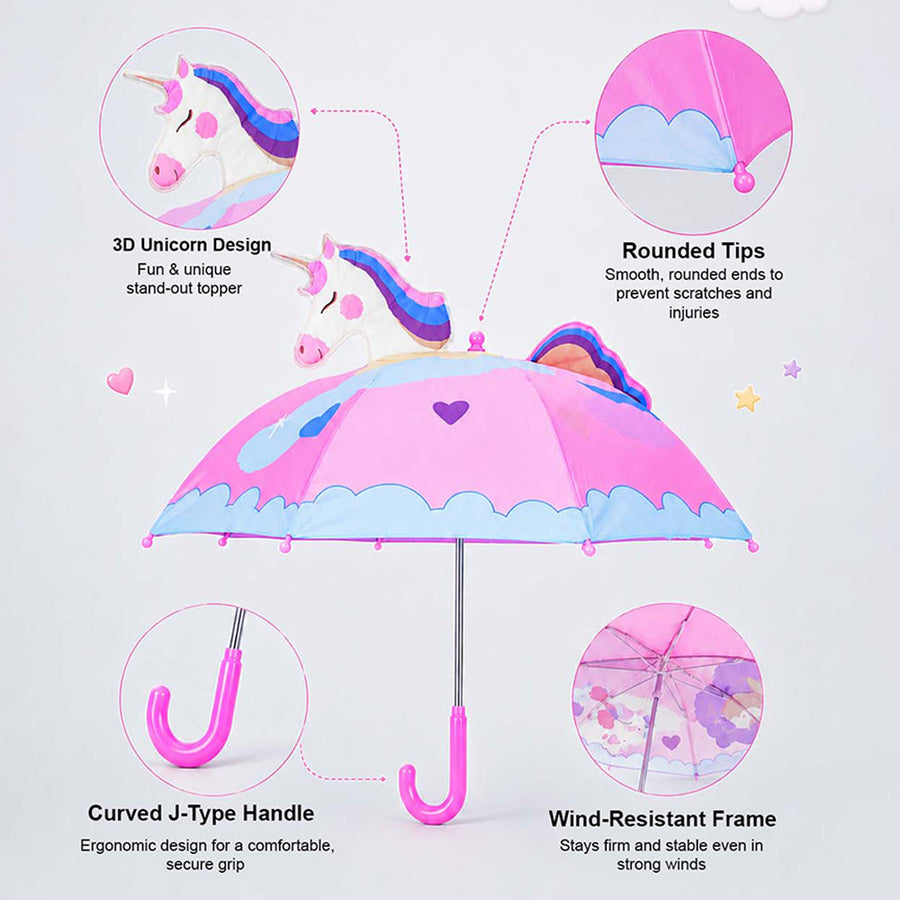 3D Face Pink Unicorn Umbrella for Kids-3-8Y