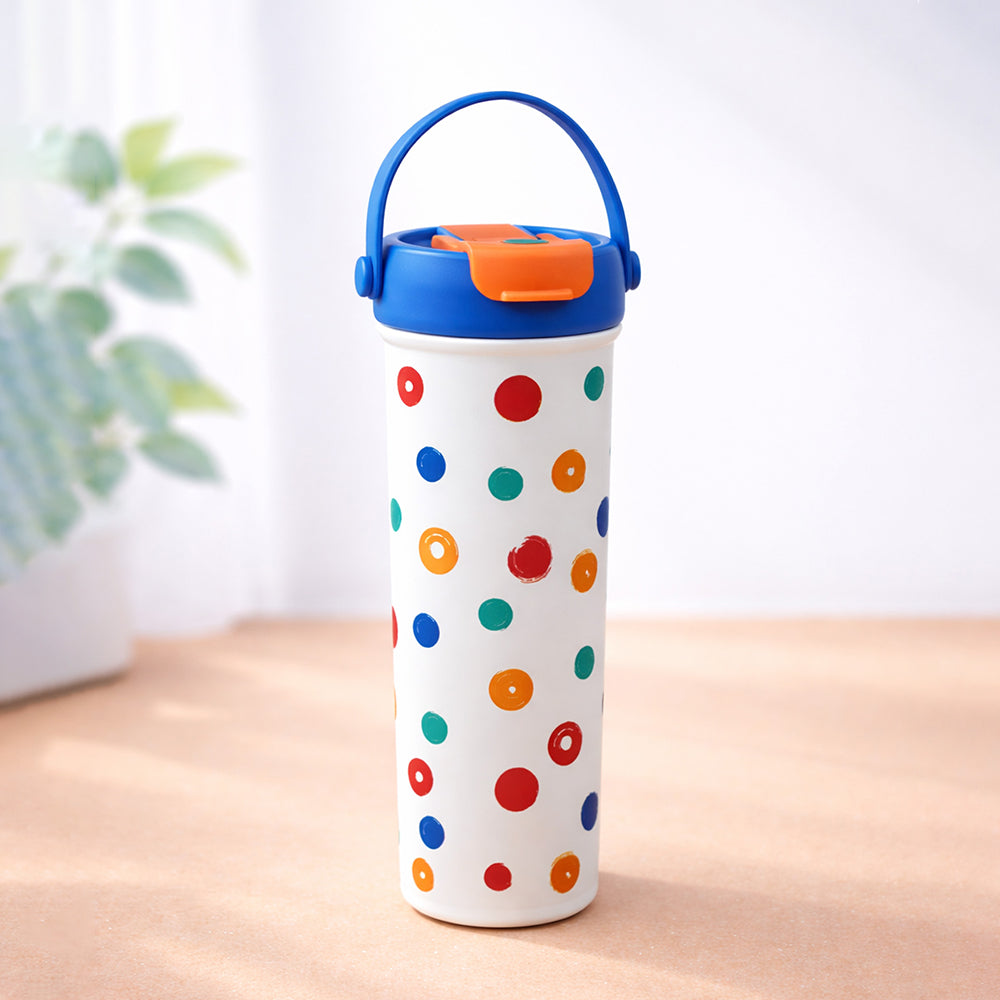 Blue & Multi polka, soft silicone handle series, Stainless Steel Tumbler and Water Bottle for kids, Teens and Adults, 650ml
