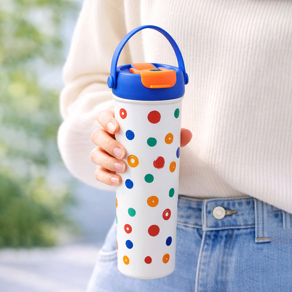 Blue & Multi polka, soft silicone handle series, Stainless Steel Tumbler and Water Bottle for kids, Teens and Adults, 650ml