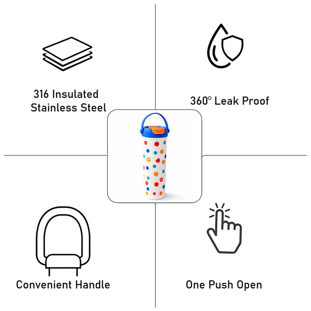 Blue & Multi polka, soft silicone handle series, Stainless Steel Tumbler and Water Bottle for kids, Teens and Adults, 650ml