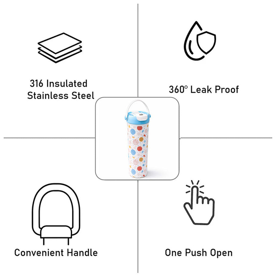 Light Blue & orange sprinkles soft silicone handle series, Stainless Steel Tumbler and Water Bottle for kids, Teens and Adults, 650 ml