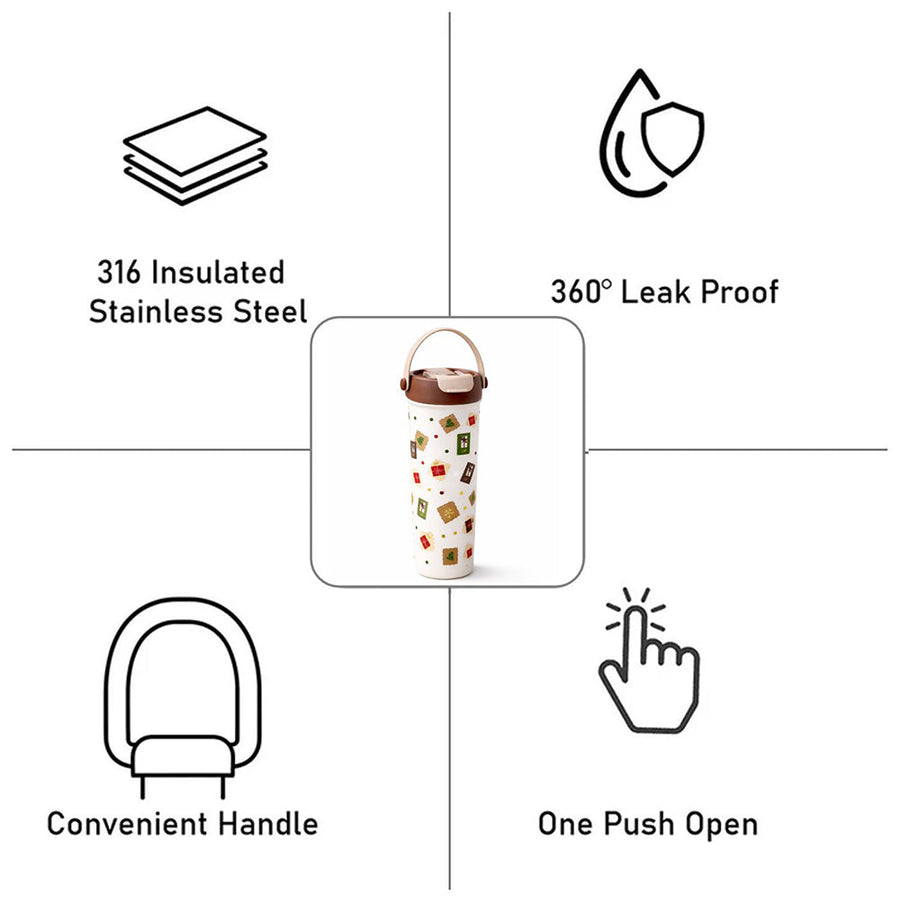 Brown Gift Stamps  soft silicone handle series, Stainless Steel Tumbler and Water Bottle for kids, Teens and Adults, 650 ml