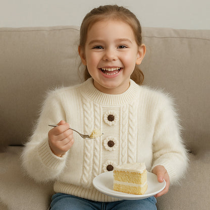 Cream Furry 3 flower Kintted Cardigan, sweatshirt for kids