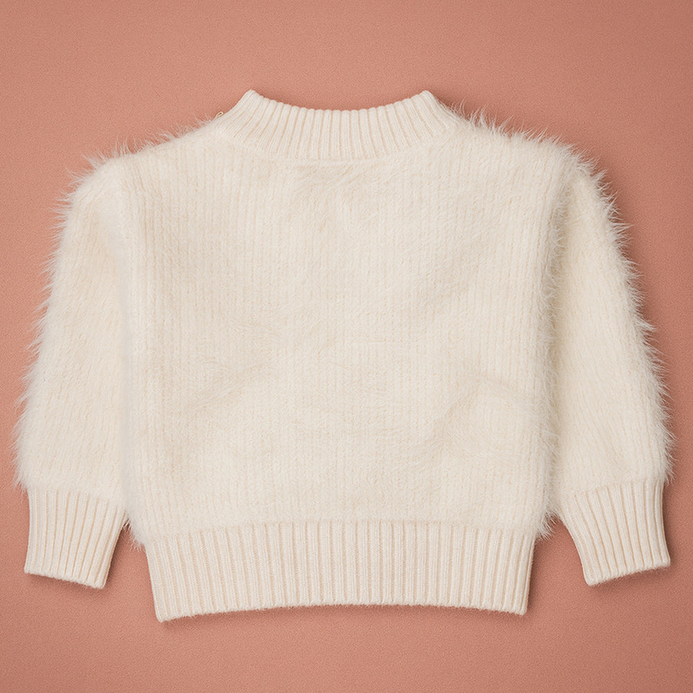 Cream Furry 3 flower Kintted Cardigan, sweatshirt for kids