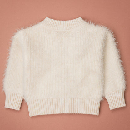 Cream Furry 3 flower Kintted Cardigan, sweatshirt for kids