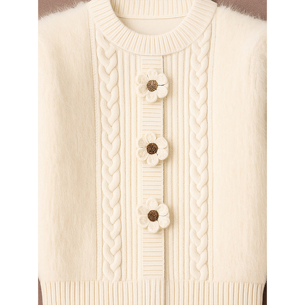 Cream Furry 3 flower Kintted Cardigan, sweatshirt for kids