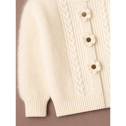 Cream Furry 3 flower Kintted Cardigan, sweatshirt for kids