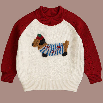 Cream & Red Dachshund Knitted Winter Cardigan, Christmas Sweater for Kids