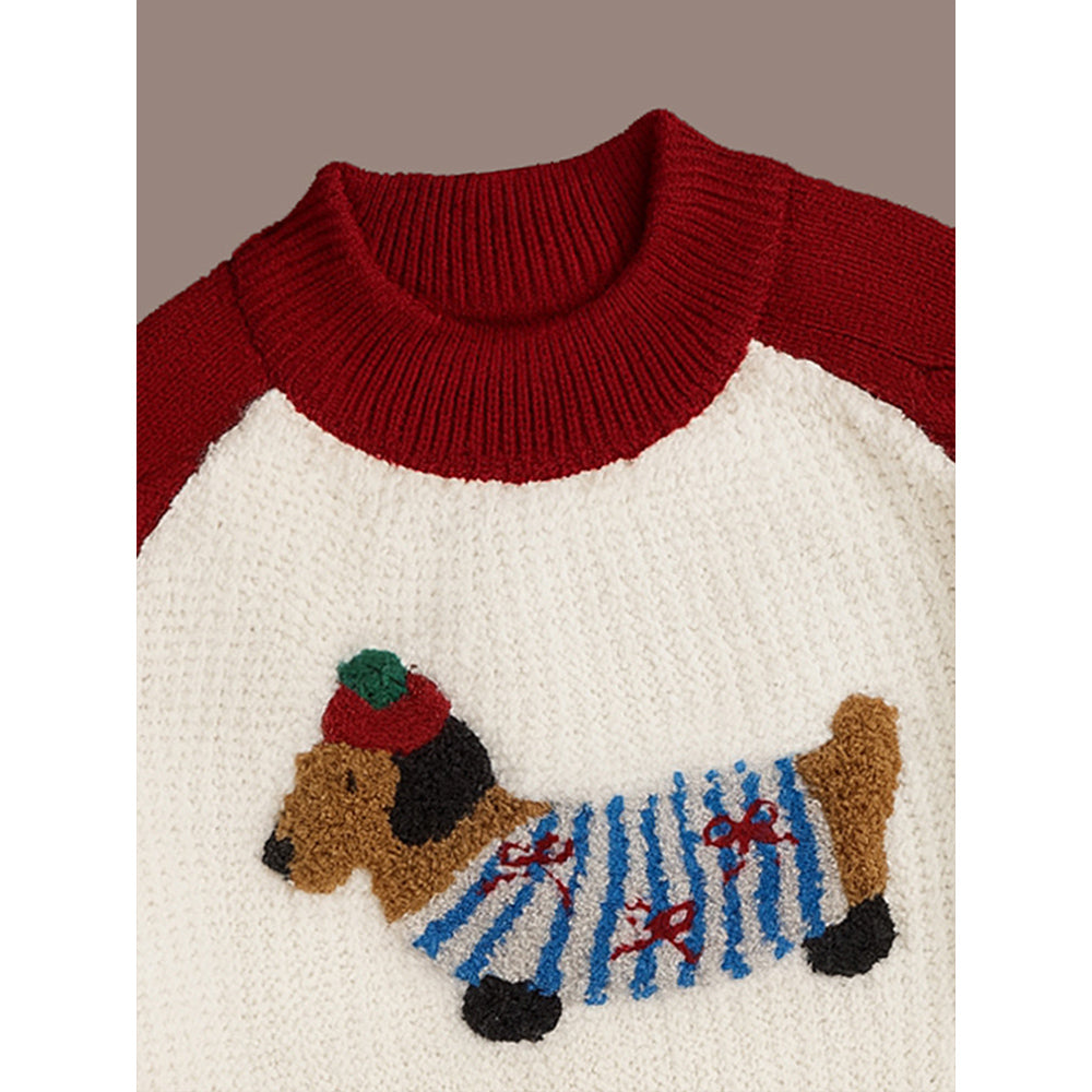 Cream & Red Dachshund Knitted Winter Cardigan, Christmas Sweater for Kids